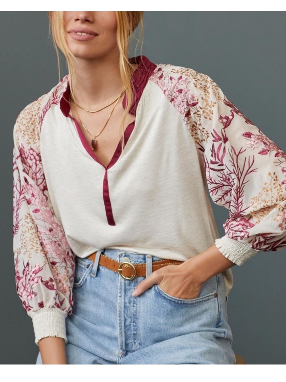 BOGO! Anthropologie Tiny Embroidered Balloon Sleeve Popover Top Size Medium